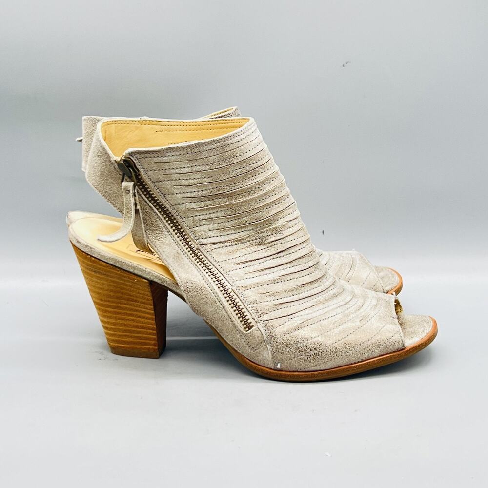 Paul Green Shoes Womens 8.5 Beige Gold Suede Slingback Peep Toe Block Heels